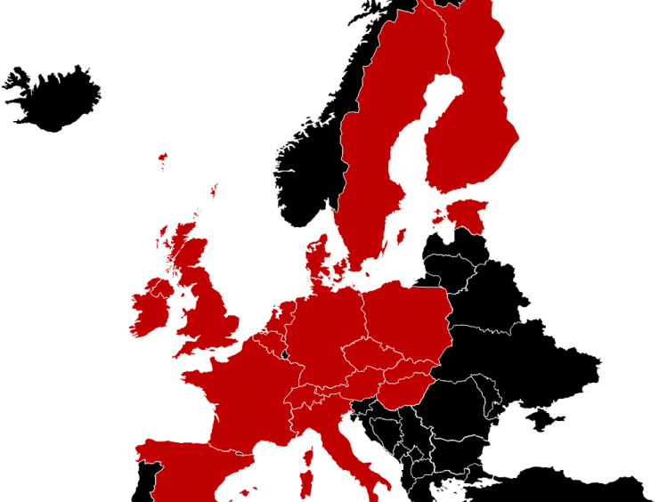 mapa Evropy s červenými a černými oblastmi